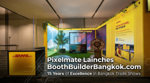 Professional press release graphic announcing Pixelmate's launch of BoothBuilderBangkok.com with vibrant yellow and green DHL exhibition booth featuring curved walls, interactive displays, and modern lighting at Bangkok convention center - demonstrating 1