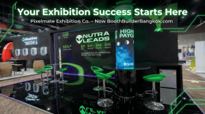 Eye-catching press release promotional image for BoothBuilderBangkok.com featuring modern NUTRA LEADS exhibition booth with black and neon green color scheme, reflective glossy flooring, green bar stools, dramatic LED lighting effects, and contemporary de