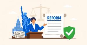 Illustration of an industry expert at a podium presenting LLC publication reform proposals with New York City skyline, newspapers, balance scale, and a green checkmark shield representing fairness in the LLC publication process.