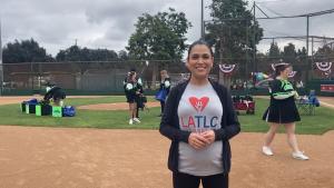 Griselda Rodriguez, trial attorney and 2026 LATLC President with the Cyclone cheerleading squad excited for their 10th anniversary with Bambino Buddy Ball at Heartwell Park in Long Beach, CA on March 7