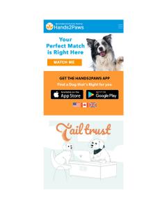 Promotional graphic showing the Hands2Paws mobile app, which matches people with the right dog, alongside a Tailtrust logo illustration, highlighting a partnership that provides Hands2Paws users with access to pet insurance discounts