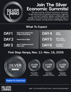 This image shows the locations and dates for the Silver Economic Summits. These locations include Kenya in November 2026, St. Lucia in May 2027, Saudi Arabia in November 2027 and Colombia in May 2028. You can find out more about the event at www.silversma