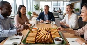 Group of co-workers in a conference room smiling and reaching for long, crispy lumpiang shanghai from a banana leaf–lined tray with dipping sauces on the table.