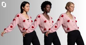 Three models wearing a pink heart-patterned cardigan with a floral headpiece, posing against a neutral background.