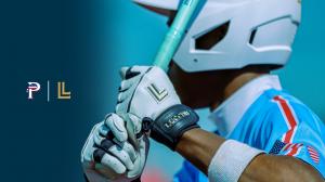 Close up image of USA Prime Baseball Athlete Wearing a Luccini Glove and Helmet