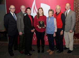 Leah Carpenter, center, poses with members of the Tucker Scholarship interview committee. From left, are, former GWU president Dr. Frank Bonner, Provost and Executive Vice President Dr. Ben Leslie, Lisa Tucker, Leah, Vice President Emerita of Student Deve