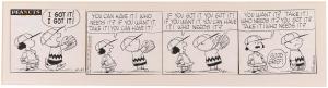 Four-panel Peanuts cartoon strip with pen-and-ink original art signed by Charles Schulz (1922-2000), published April 21, 1958, with Charlie Brown and Lucy in every panel. Estimate: $20,000-$35,000