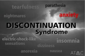 Illustration representing SSRI discontinuation syndrome with symptoms such as anxiety, insomnia, dizziness, nausea, and electric shock-like sensations.