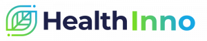 Logo of a blue green ecosystem leaf and text that reads HealthInno