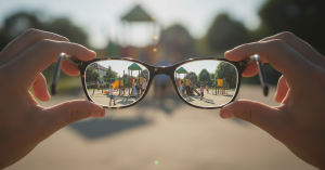 Hands holding a pair of eyeglasses in front of a playground, illustrating clearer vision through the lenses and blurred vision outside them.