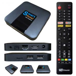 Complete hardware package of the FMUSER FBE013 Magic Box Hotel IPTV Set-Top Box, including the FBE 015 PLUS remote control, HDMI cable, and power adapter