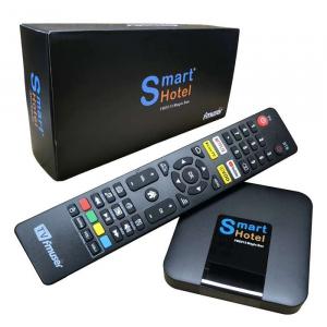 Complete hardware package of the FMUSER FBE013 Magic Box Hotel IPTV Set-Top Box, including the FBE 015 PLUS remote control, HDMI cable, and power adapter