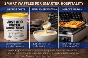 Golden Waffle 3kg just-add-water waffle and pancake mix bucket shown with batter preparation and a commercial waffle machine, highlighting lower costs, simpler prep and stronger hospitality margins.