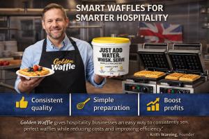 Founder-style promotional image showing a man in a commercial kitchen holding a plated waffle beside Golden Waffle’s just-add-water mix bucket and waffle machines, highlighting consistency, simple preparation and stronger margins.