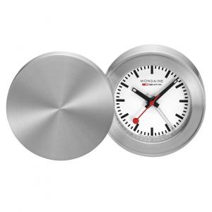 MONDAINE Travel Alarm Clock – compact Swiss-designed folding alarm clock with the iconic MONDAINE dial, ideal for travel and bedside use.