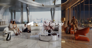Split-screen interior visualization showing a luxurious modern living room in daylight and nighttime city views with people relaxing, branded with the AlphaRender logo, demonstrating AI-generated architectural rendering.