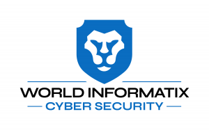 Logo image for World Informatix Cyber Security. Blue on a white background, with a lion shield logo for cybersecurity protections.