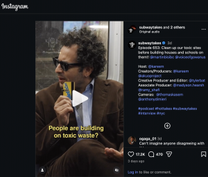 This video still from the online talk show SubwayTakes shows host Kareem Rahma riding the subway while interviewing a local activist about a plan to build a public school and an affordable housing complex on a polluted site in Gowanus, Brooklyn.