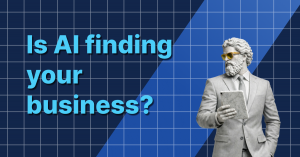 Blue grid background with bold text reading “Is AI finding your business?” next to a classical statue styled as a modern professional wearing sunglasses and holding a tablet.