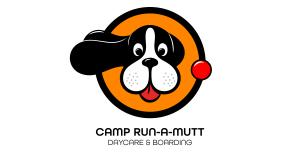 Logo of black and white dog with "Camp Run-A-Mutt daycare and boarding" listed underneath
