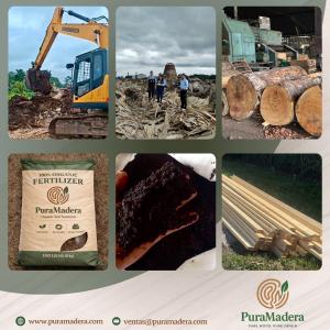 PuraMadera operations in the Peruvian Amazon including wood logs at a sawmill, structural lumber, organic fertilizer packaging, mineral-rich compost soil, and field operations supporting sustainable wood and agricultural products.