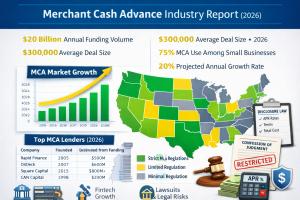Infographic showing 2026 merchant cash advance industry statistics including $20 billion annual funding volume, $300,000 average deal size, and projected market growth in the MCA financing industry.