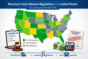 United States map displaying merchant cash advance regulations by state including disclosure law requirements, APR transparency rules, and states restricting confession of judgment clauses.