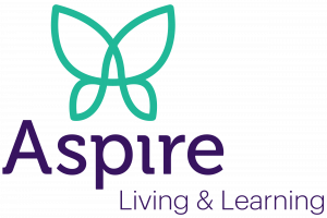 Aspire Living & Learning logo featuring purple lettering and a teal butterfly.