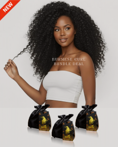 Female model wearing voluminous Burmese curly hair extensions showcasing the ONYC Burmese Curly Bundle Deal, featuring premium Burmese Curly human hair used for natural curly installs and natural hair extensions styling.