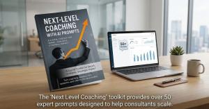 Next Level Coaching With AI Prompts digital product cover on a workspace desk.