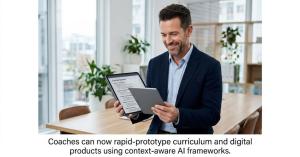 Professional consultant reviewing AI-generated course curriculum on a tablet.