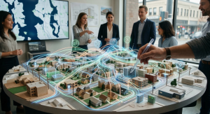 A group of professionals collaborating around a circular scale model of a neighborhood. Glowing digital lines and floating smart city icons, such as a leaf and a lightning bolt, are superimposed over the buildings to illustrate an interactive digital twin