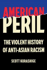 The cover for American Peril is text only -- the text American of the title is in red, all caps font on a blue background, then it looks like the paper is torn and the bottom half reads Peril in all caps and is yellow on a black background.