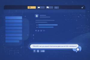 Screenshot of TRULEO AI agent platform interface showing a secure dashboard with a chat prompt asking to search a license plate across multiple databases, featuring security icons and data visualization elements on a dark blue background.