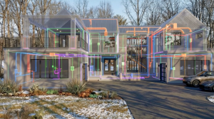 Exterior rendering of the Build Experience Indy Home demonstrating a modern residential design used to showcase integrated building products.