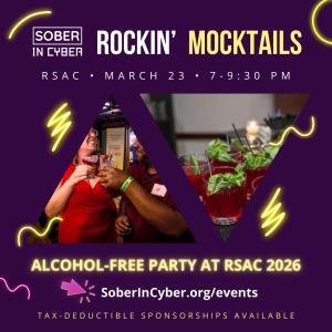 Promotional graphic for the Sober in Cyber event “Rockin’ Mocktails” at RSAC. The purple background features neon lightning graphics and the Sober in Cyber logo. Large text reads “Rockin’ Mocktails,” followed by “RSAC • March 23 • 7–9:30 PM.” Two triangul