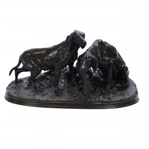 Bronze sculpture depicting two bloodhounds tangled with a log, signed by P.J. Meane (French, 1810-1879), titled Chasse, 10 inches tall, with exceptional detail. Estimate: $2,000-$3,000