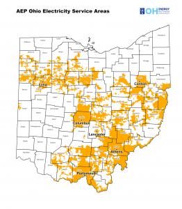 AEP Ohio Electricity Service Areas map highlighting coverage zones in orange across Ohio, including Columbus, Canton, Lima, Lancaster, Athens, and Portsmouth.