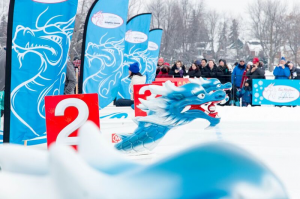 Ice dragon boats at starting line