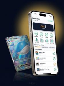 iPhone displaying CardGrade.io app with AI trading card grading results