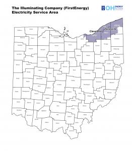 Map of The Illuminating Company (FirstEnergy) electricity service area in northeastern Ohio, including Cleveland, Cuyahoga County, Lake, Geauga, and Ashtabula counties.