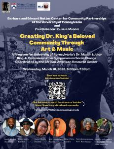 Flyer for “Creating Dr. King’s Beloved Community Through Art and Music,” a University of Pennsylvania MLK Symposium event featuring Nile Livingston and other panelists.