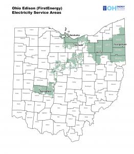 Ohio Edison (FirstEnergy) electricity service area map showing coverage in Akron, Youngstown, Sandusky, Norwalk, and Springfield, Ohio