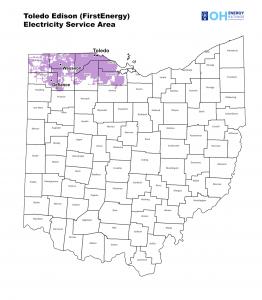 Toledo Edison (FirstEnergy) electricity service area map showing coverage in northwest Ohio counties including Lucas, Wood, Sandusky, Ottawa, and surrounding areas.