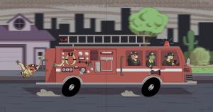 Hollis the Javelina can be see tangled comically in the hose at the back of the truck.