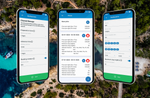 Mobile view of the DiBooq vacation rental channel manager showing seasonal pricing, booking terms, advance booking time, preparation time, and booking window settings for vacation rentals.