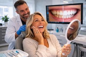 Patient reviewing cosmetic dental smile transformation with dentist during consultation in modern dental clinic
