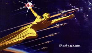 Golden Statue with iROC Comet Flying Among Rockets In The Race to Space