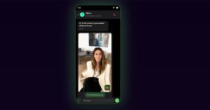 Screenshot of RCS business messaging conversation with personalized AI video from Tells.co