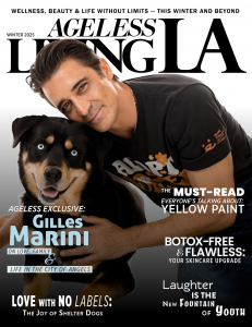 Ageless Living LA Magazine cover star Gilles Marini poses with a shelter dog, celebrating compassion, family, and the spirit of ageless living in the City of Angels.